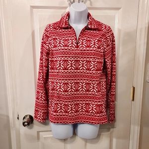 Lands End Fleece Pullover Red White 1/4 Zip Nordic Pattern Size XS Preppy Ski